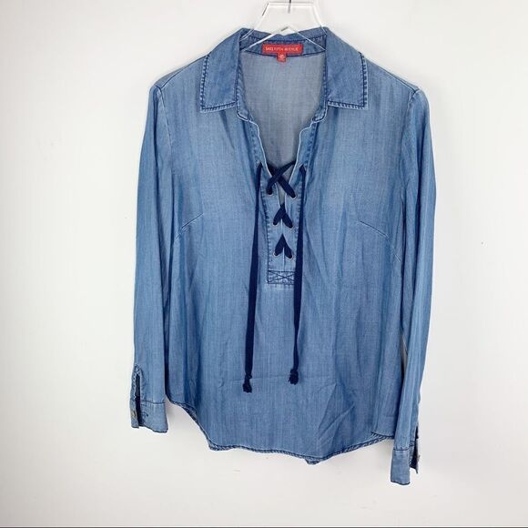 Saks Fifth Avenue Chambray Tunic Laced Neckline‎ - Picture 1 of 10